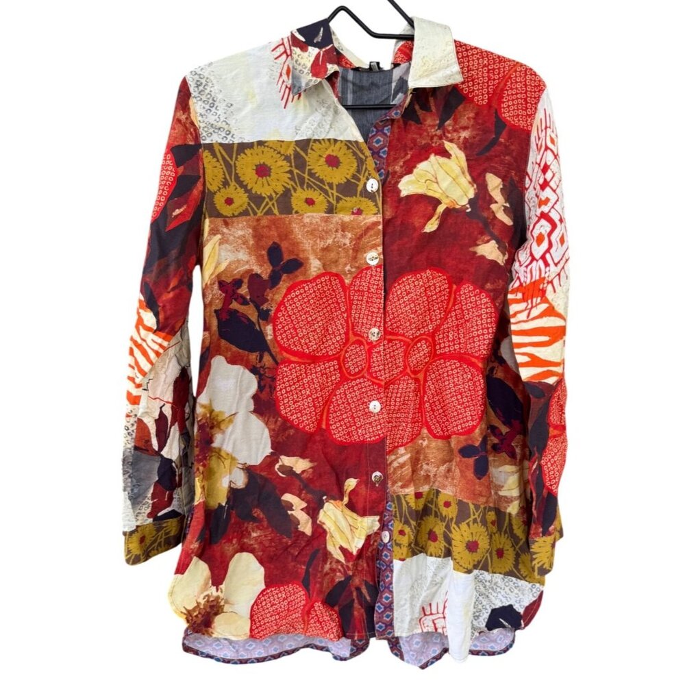 John Mark Women's Medium Multicolor Floral Button-Up Shirt Boho Bohemian Hippy